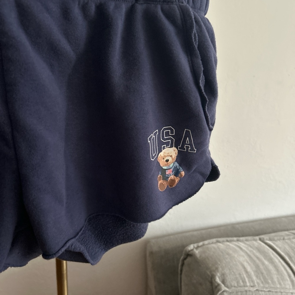 Women's Navy Blue Bear Usa Graphic Shorts Size L Lounge Comfy Bear - Picture 2 of 7